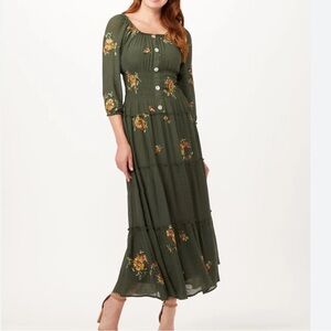 fig And Flower Women’s Embroidered Olive Floral Maxi Dress Size XL